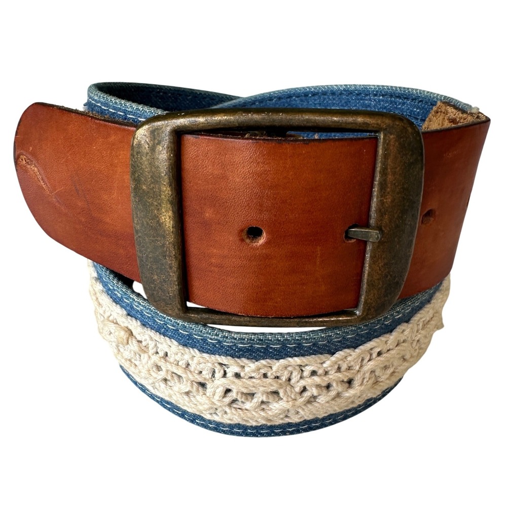 Denim Crochet Leather Belt Blue Cream Brown Boho Western Country Cowgirl